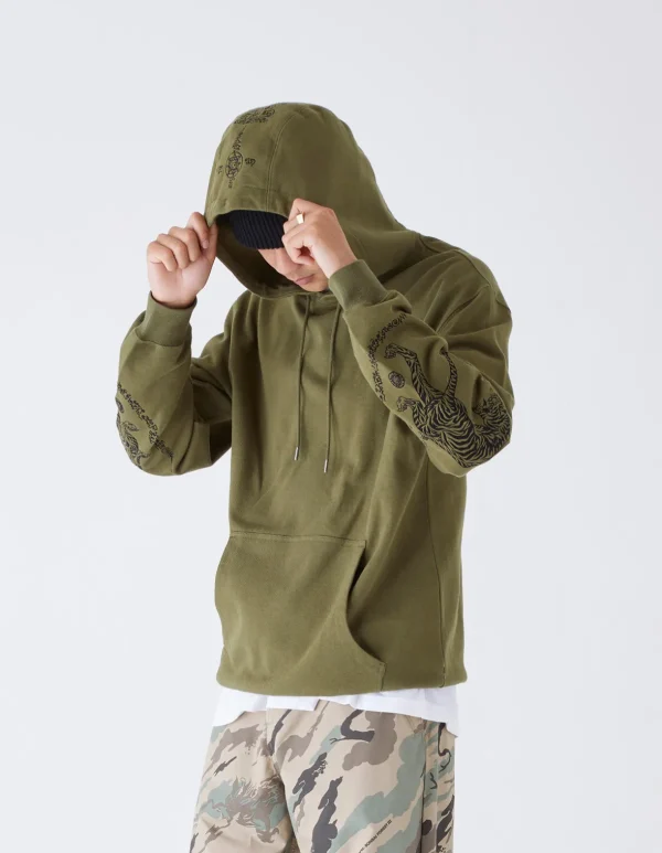 Maharishi Hooded Sweats*4280 Duelling Tigers Embroidered Hooded Sweat Olive Og-107F