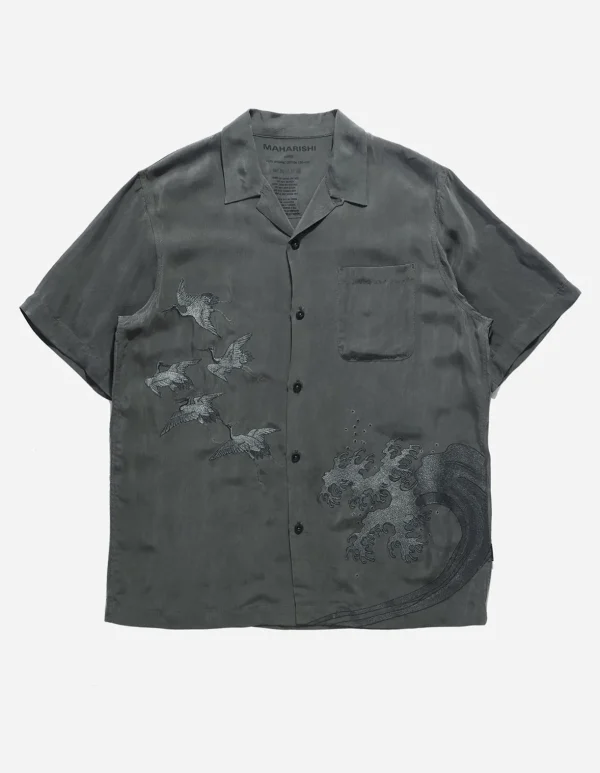 Maharishi Shirts*4508 Flying Cranes Embroidered Shirt Charcoal