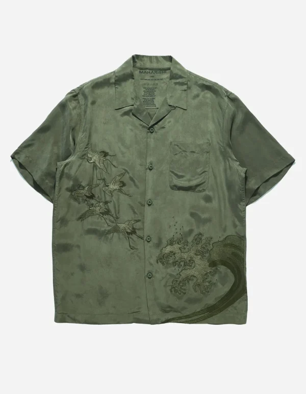 Maharishi Shirts*4508 Flying Cranes Embroidered Shirt Maha Olive