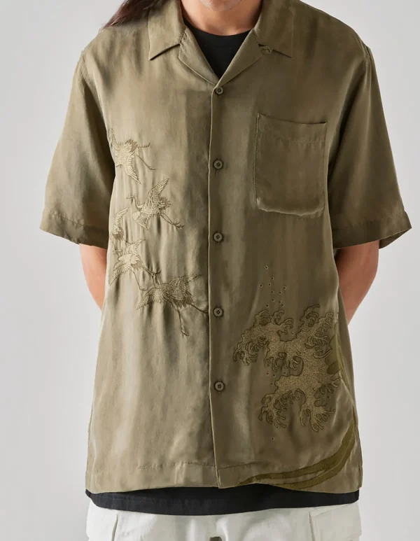 Maharishi Shirts*4508 Flying Cranes Embroidered Shirt Maha Olive