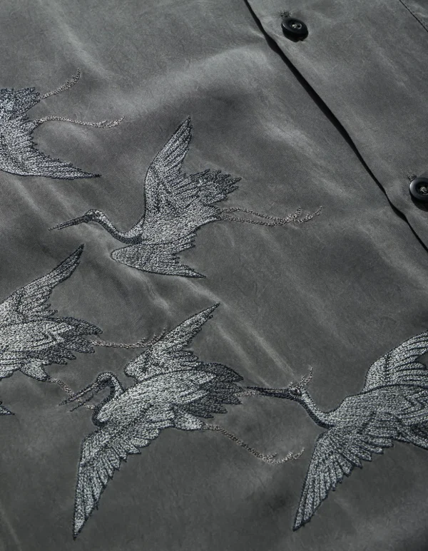 Maharishi Shirts*4508 Flying Cranes Embroidered Shirt Charcoal