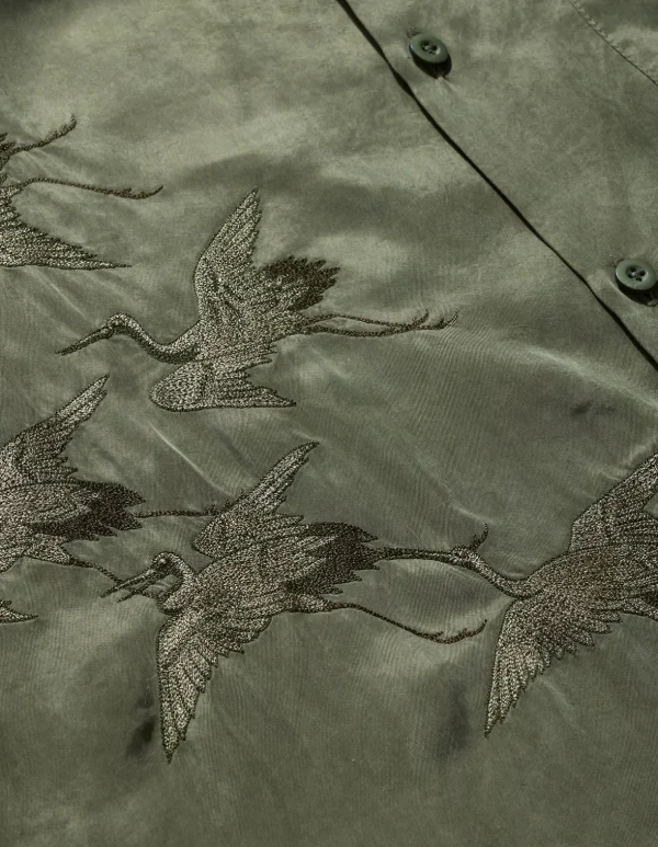 Maharishi Shirts*4508 Flying Cranes Embroidered Shirt Maha Olive