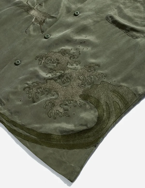 Maharishi Shirts*4508 Flying Cranes Embroidered Shirt Maha Olive