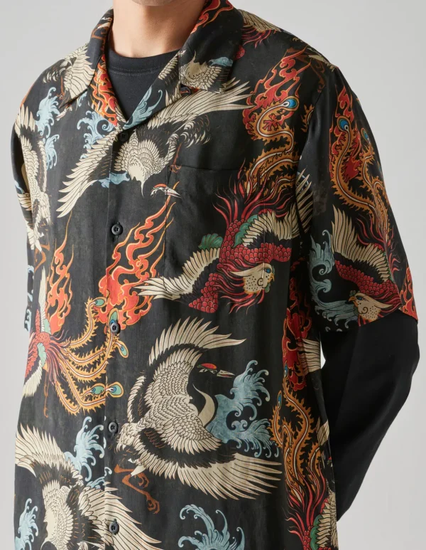 Maharishi Shirts*4509 Peace Cranes Camp-Collar Shirt Black