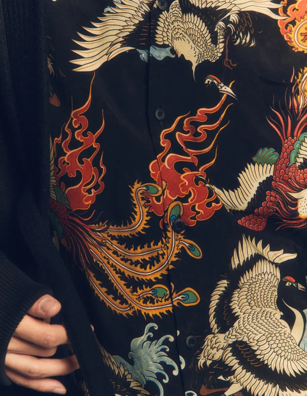 Maharishi Shirts*4509 Peace Cranes Camp-Collar Shirt Black