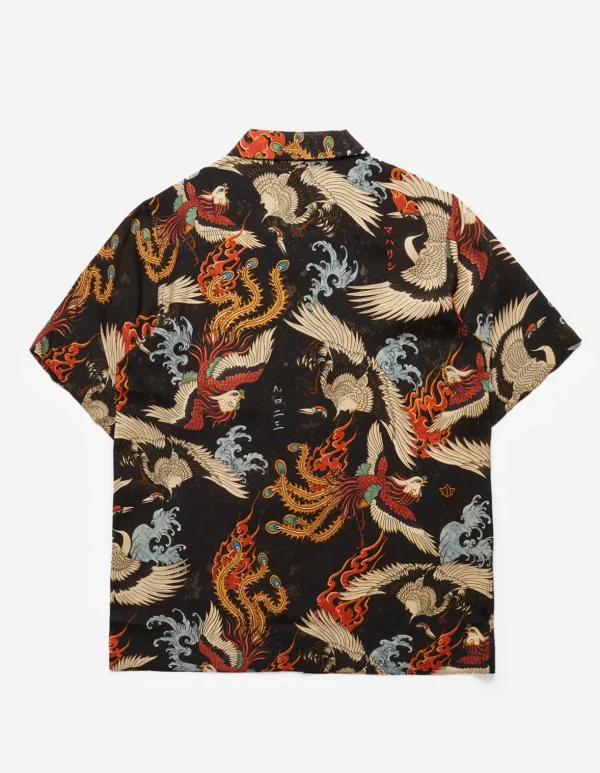Maharishi Shirts*4509 Peace Cranes Camp-Collar Shirt Black