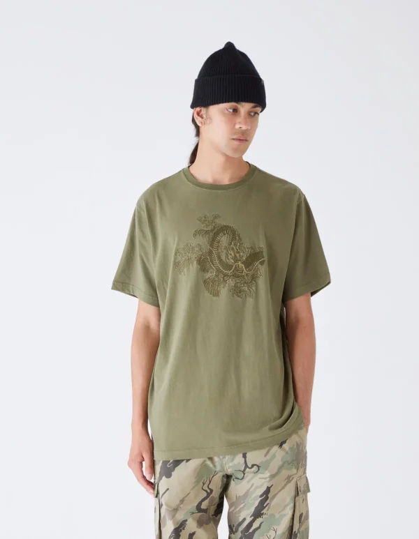 Maharishi Short Sleeve T-Shirts*4243 Water Dragon Embroidered T-Shirt Olive/Tonal