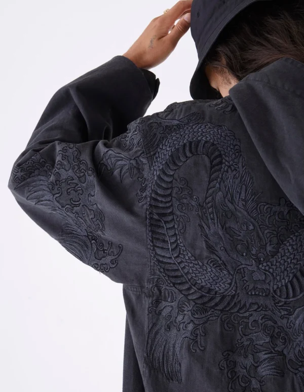 Maharishi Parkas*4240 Water Dragon Embroidered Kimono Parka Black Blk-108Ff